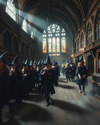 Capture the enchanting atmosphere of a magical school filled with young wizards in this stunning long-exposure photograph. Th