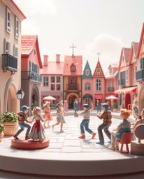 A vibrant musical number unfolds in a cheerful town square, envisioned as a stunning sculptural clay art piece. The scene is