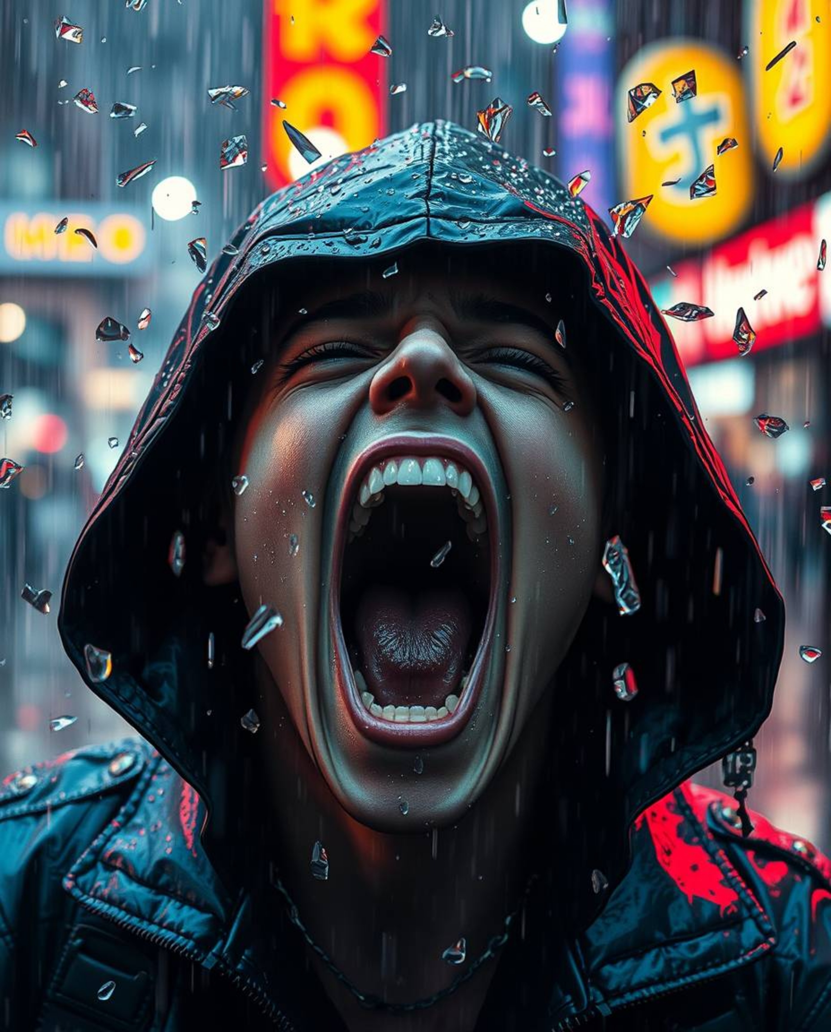 A captivating digital art piece depicting a person screaming as their reality fractures into vibrant, pixelated fragments ami