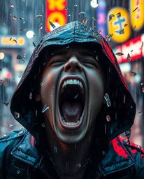 A captivating digital art piece depicting a person screaming as their reality fractures into vibrant, pixelated fragments ami