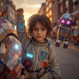 A vibrant Pixar-style image showcases a stylish boy with messy brown hair, wearing a DIY spacesuit, standing triumphantly bes