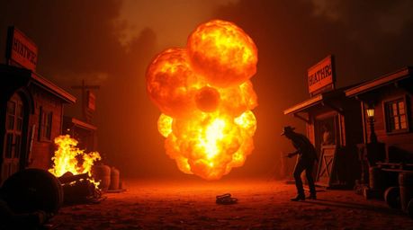 A classic exploding TNT gag set in the Wild West is visually stunning with warm golden hour light dominating the scene in red
