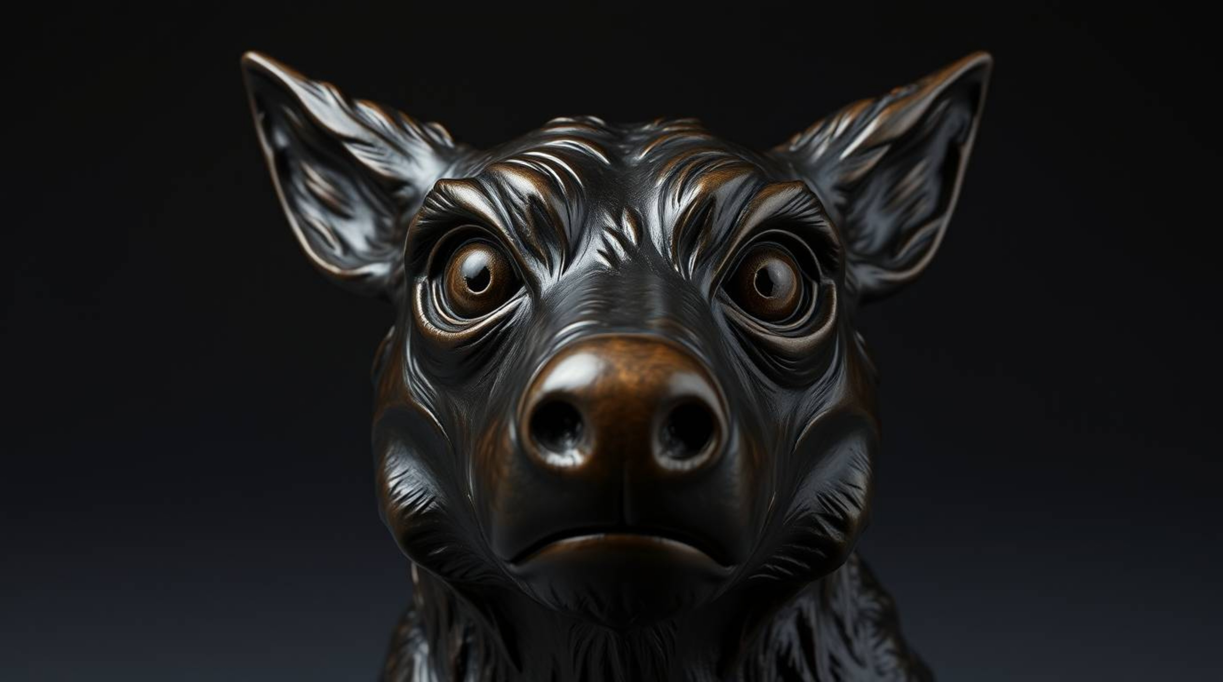 This artwork features a sarcastic animal sidekick, sculpted in cast bronze and characterized by expressive eyes. The piece bo