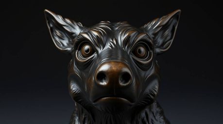 This artwork features a sarcastic animal sidekick, sculpted in cast bronze and characterized by expressive eyes. The piece bo