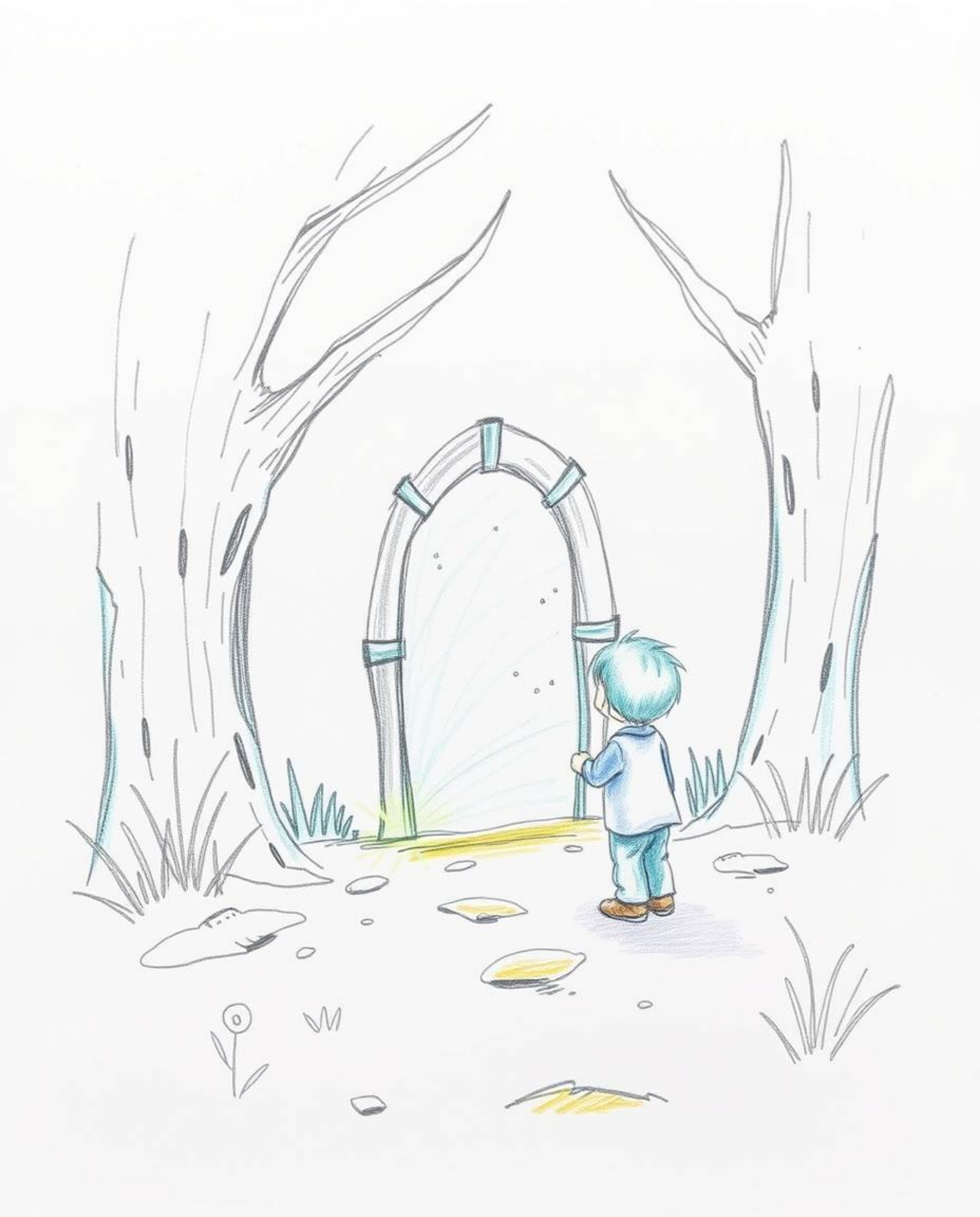 A captivating hand-drawn sketch depicts a child's wondrous discovery of a magical portal hidden in their backyard.  Rendered 