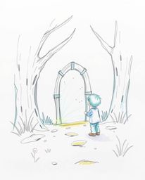 A captivating hand-drawn sketch depicts a child's wondrous discovery of a magical portal hidden in their backyard. Rendered