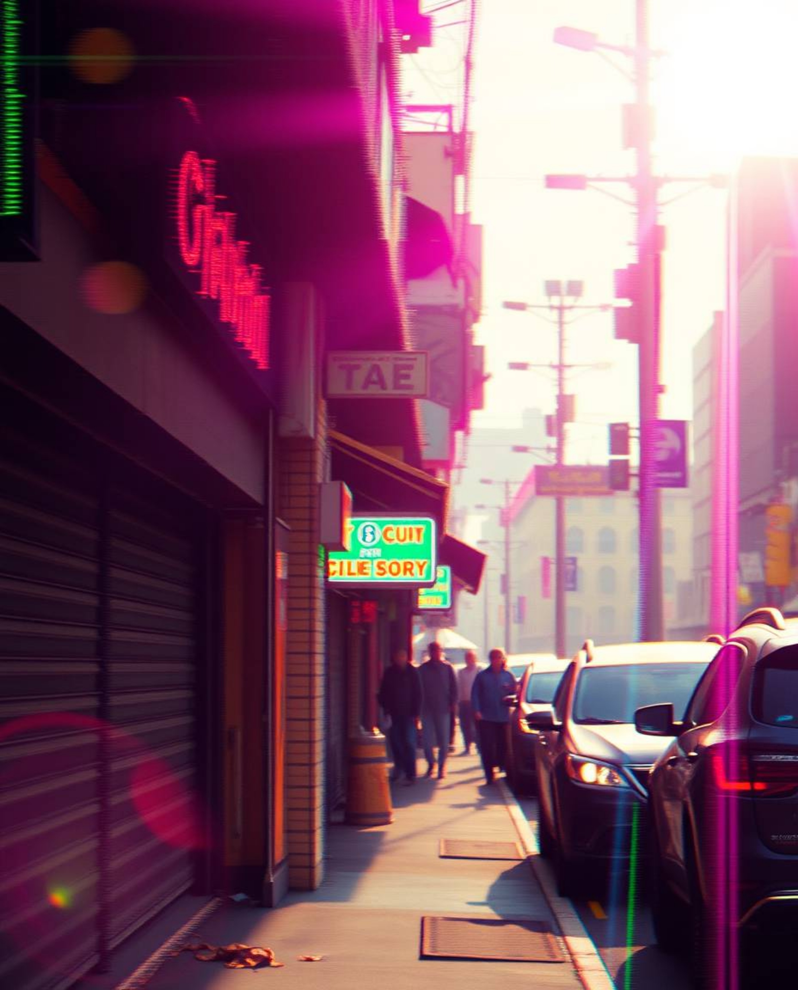 A captivating close-up shot of a pixelated glitch image depicting a cyberpunk street scene.  The image features a vibrant neo