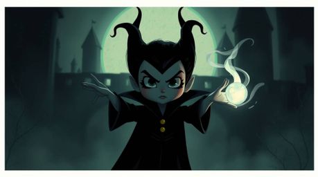 A captivating digital illustration showcases an adorable yet striking Disney villain casting a spell within the atmospheric c