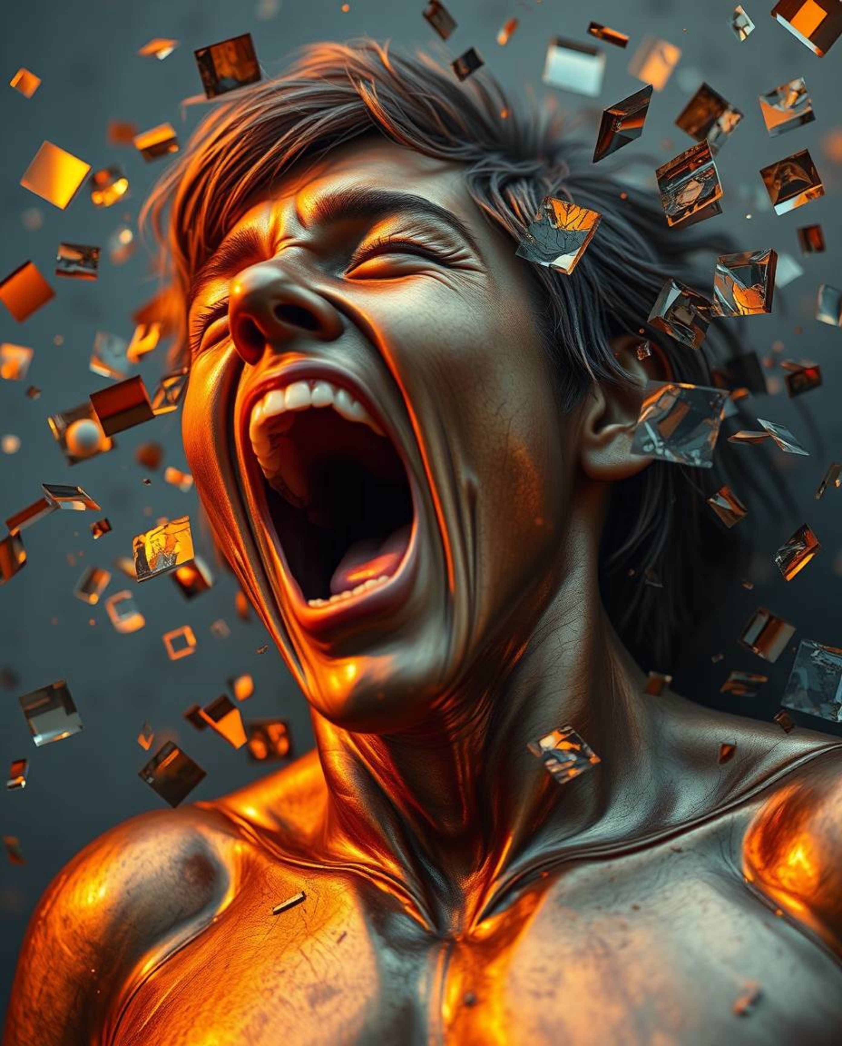 A powerful depiction of a person screaming as their reality shatters into pixels, rendered with refined features on a cast br