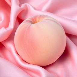 A soothing high-angle close-up ASMR image showcasing a soft, blushing pink peach resting on silky pastel pink fabric.  Render