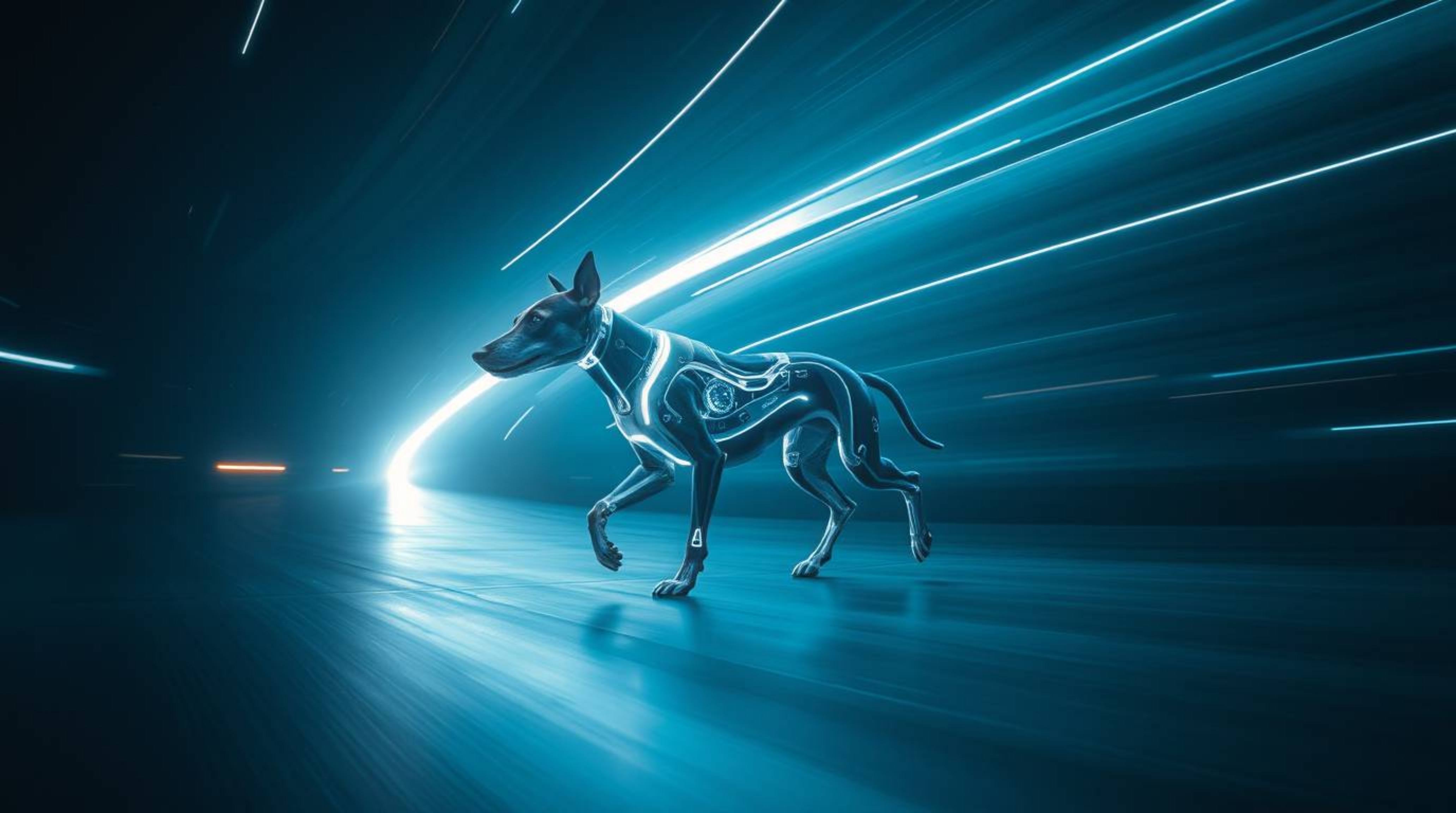 A captivating long exposure photograph depicts a futuristic dog autonomously traversing the cosmos.  Motion trails and ethere