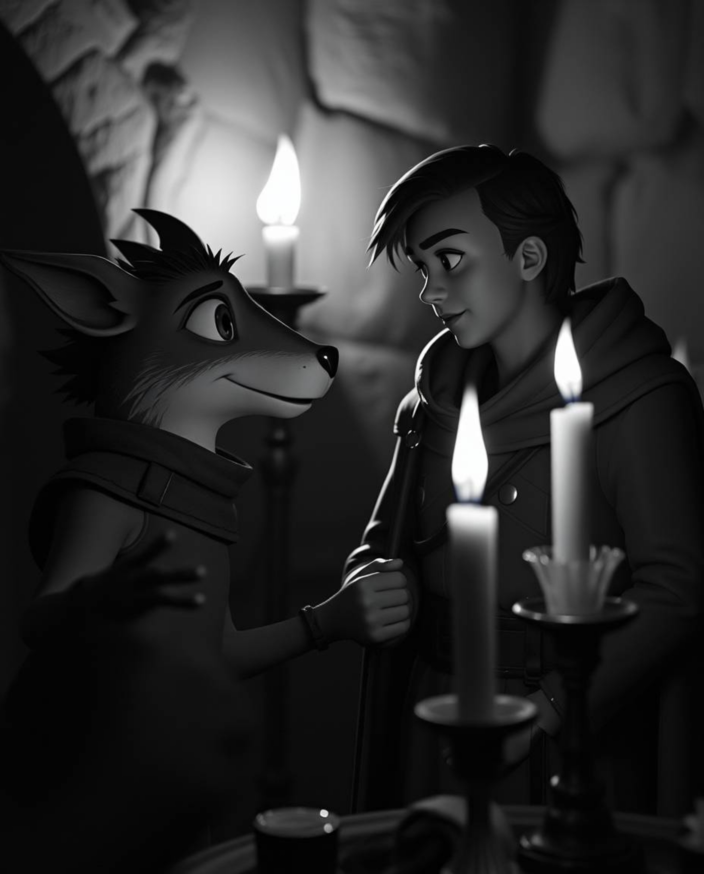 A captivating black and white photograph depicts a talking animal sidekick assisting a hero on their epic quest. Illuminated