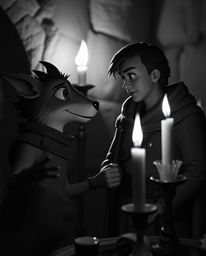 A captivating black and white photograph depicts a talking animal sidekick assisting a hero on their epic quest.  Illuminated
