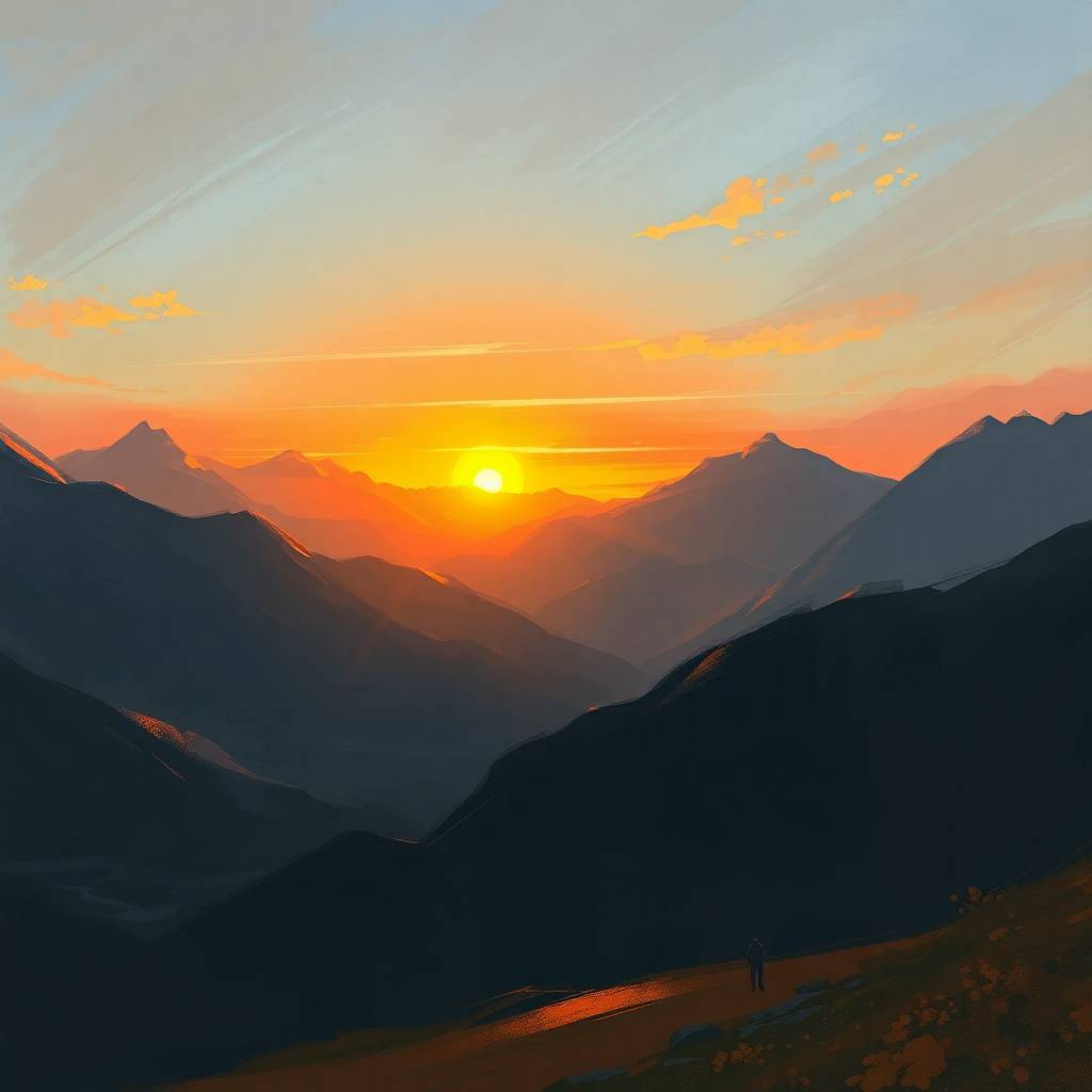 Explore a dynamic digital sketch depicting a sunset over a serene mountain valley. This piece showcases bright lens flares, c