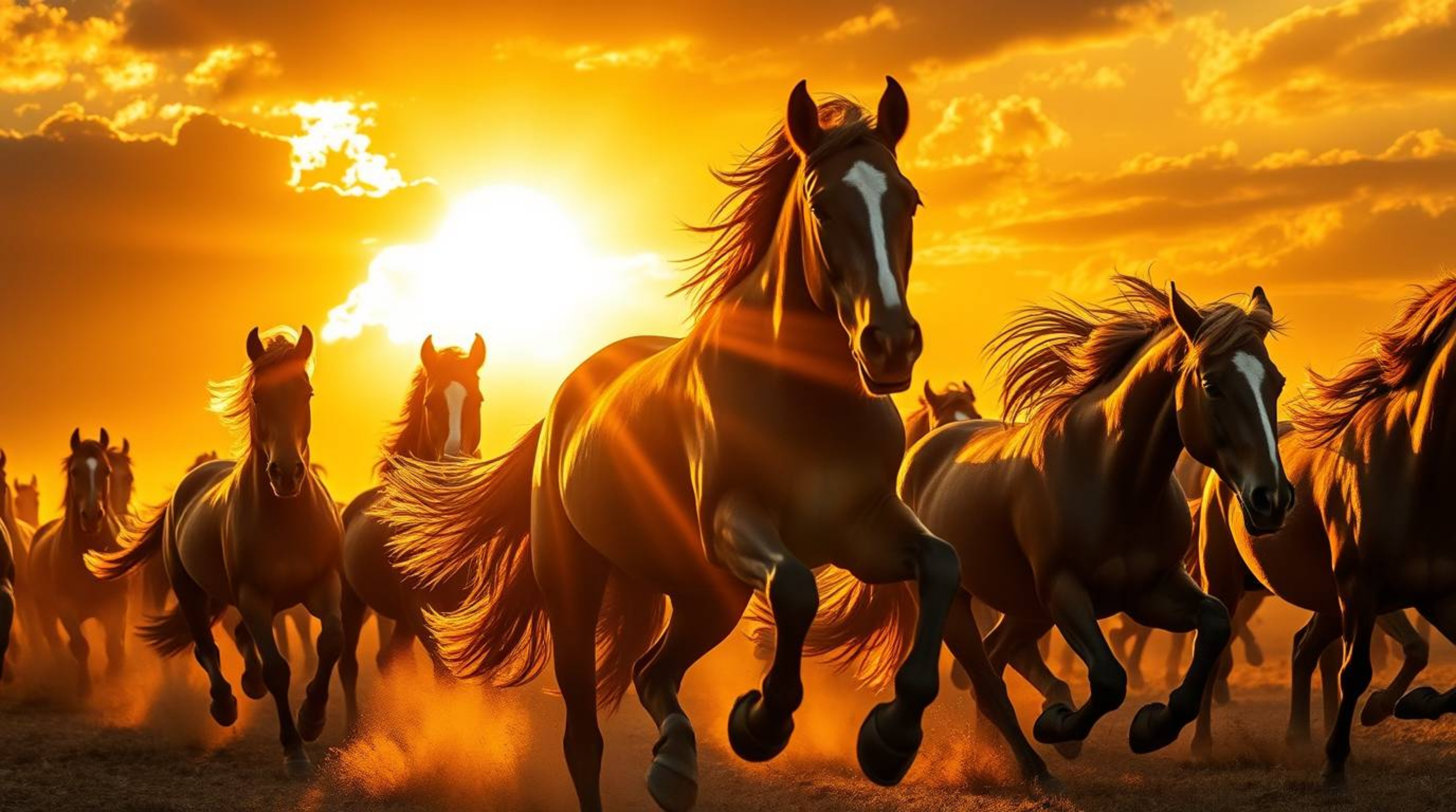 Experience the raw power and beauty of a wild horse herd thundering across the landscape under a breathtaking, glowing sky. T