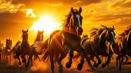 Experience the raw power and beauty of a wild horse herd thundering across the landscape under a breathtaking, glowing sky. T