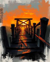 A dynamic digital sketch offers a close-up view of an old wooden bridge at sunset, created with loose, painterly strokes. The