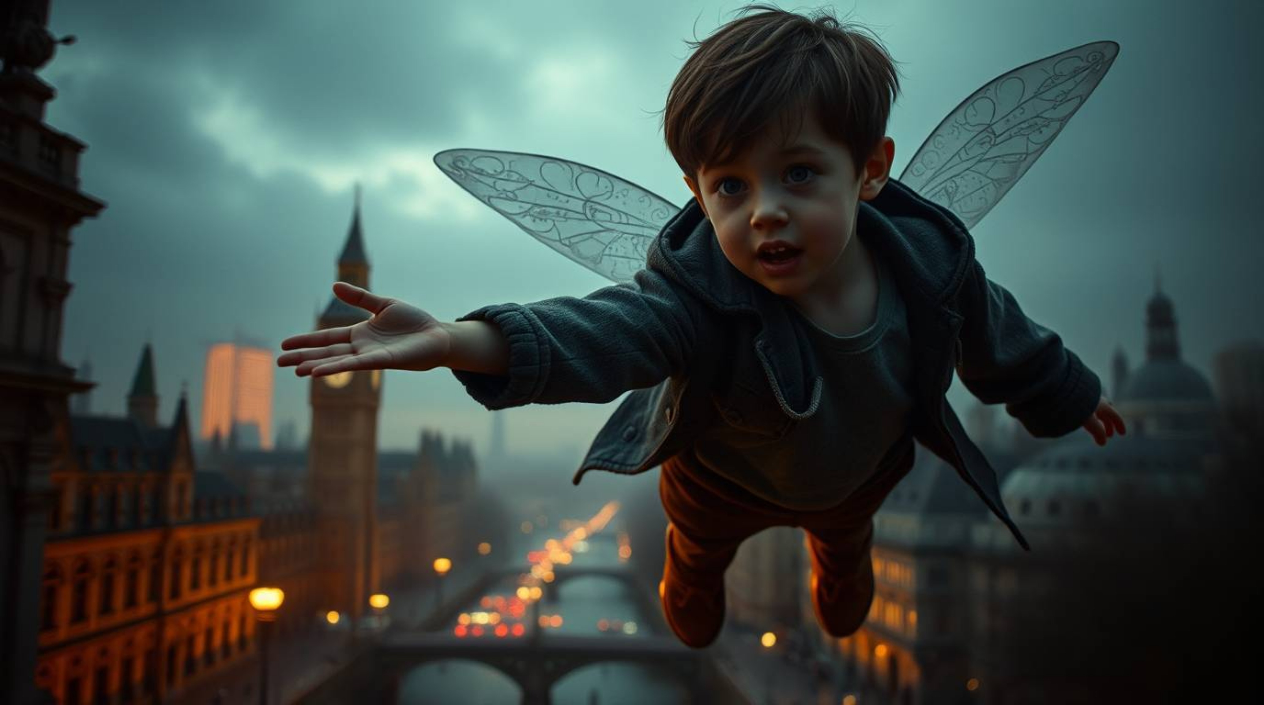 A captivating photograph, reminiscent of Associated Press style, depicts a young boy seemingly flying above a dimly lit Londo