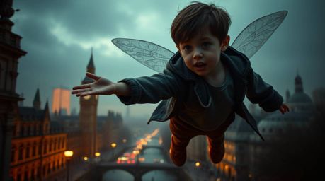 A captivating photograph, reminiscent of Associated Press style, depicts a young boy seemingly flying above a dimly lit Londo