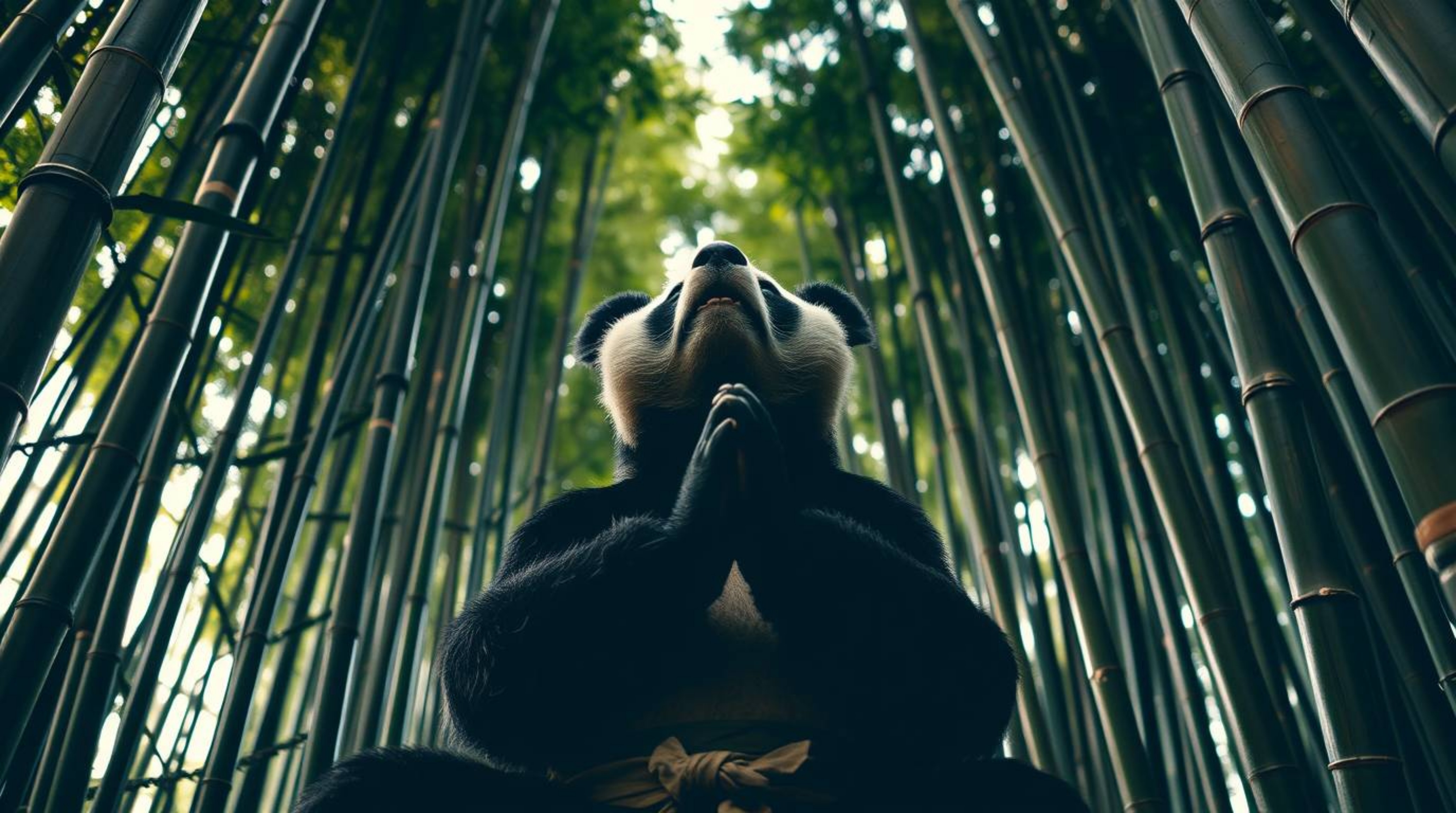 A captivating low-angle perspective reveals a meditating martial artist panda within a lush bamboo forest, utilizing a distin