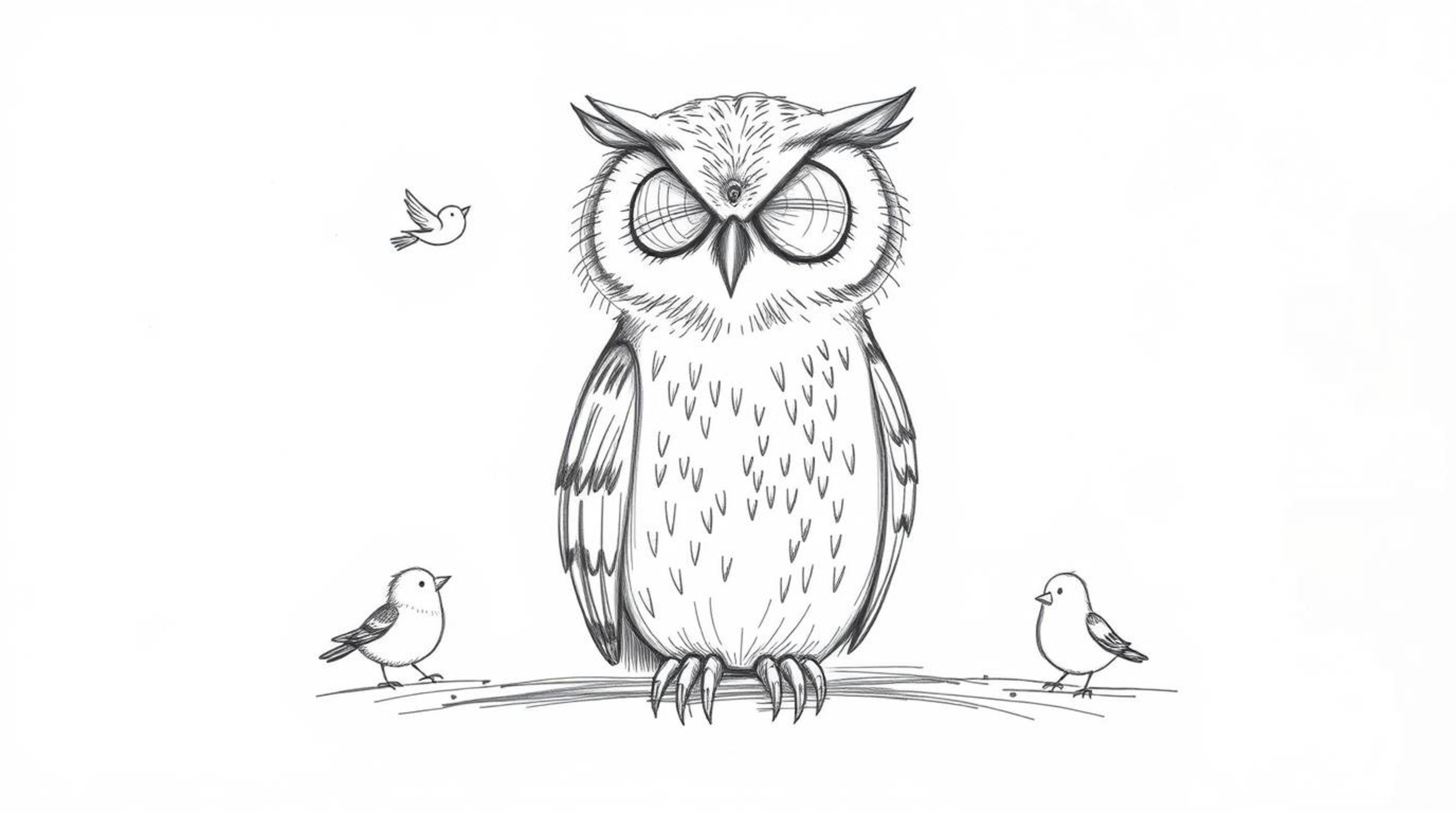 A captivating hand-drawn sketch in the style of Pixar depicts a blind owl with textured pencil strokes, patiently sitting as 