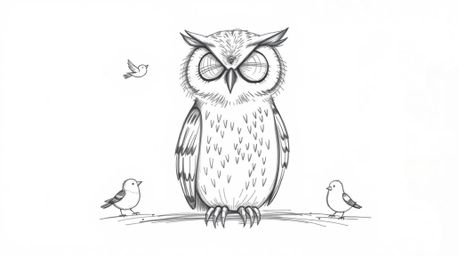 A captivating hand-drawn sketch in the style of Pixar depicts a blind owl with textured pencil strokes, patiently sitting as 