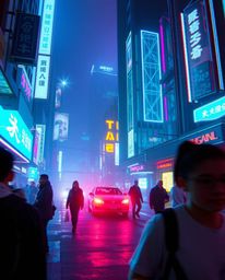 Immerse yourself in a captivating collection of candid street photography showcasing a futuristic city enveloped in a thick f