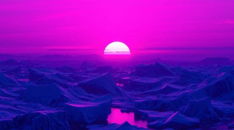 Experience a breathtaking futuristic sci-fi sunset over icy polar glaciers, rendered in deep ultraviolet hues. This image sho