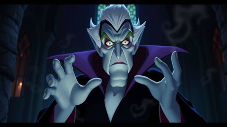 A classic Disney villain, with sharp features and pale skin, is depicted casting a spell within the eerie confines of a gothi