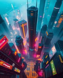 Experience a stunning, high-angle view of a futuristic cityscape bathed in the vibrant glow of colorful neon lights. This cyb