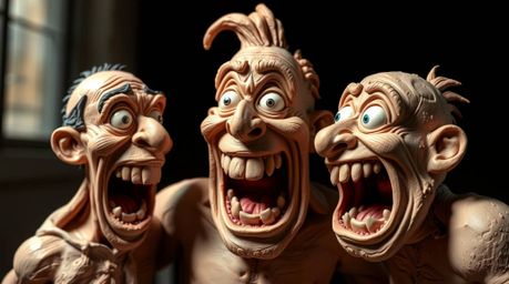 This 16:9 digital art piece showcases a clay sculpture depicting a hilarious gross-out comedy moment.  The scene features exa