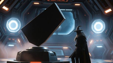 Immerse yourself in a dramatic, futuristic sci-fi scene where an anvil is poised to strike a cunning trickster character. Thi