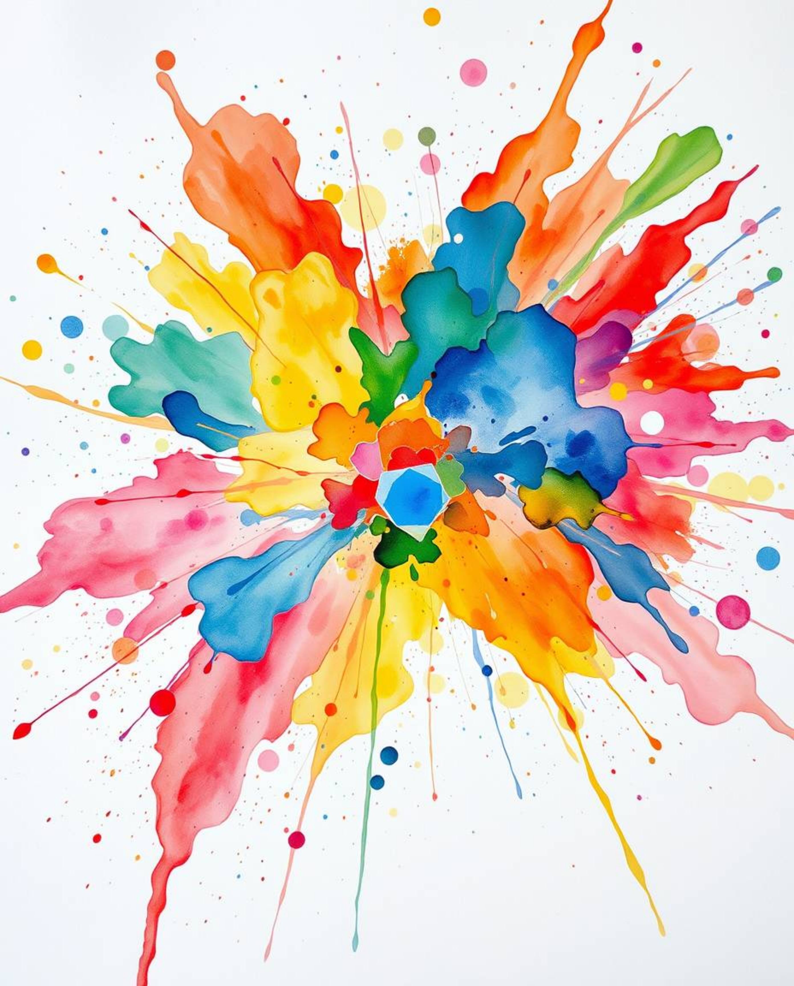 This stunning abstract art piece features a delicate watercolor painting rendered from a bird's eye view. A vibrant explosion