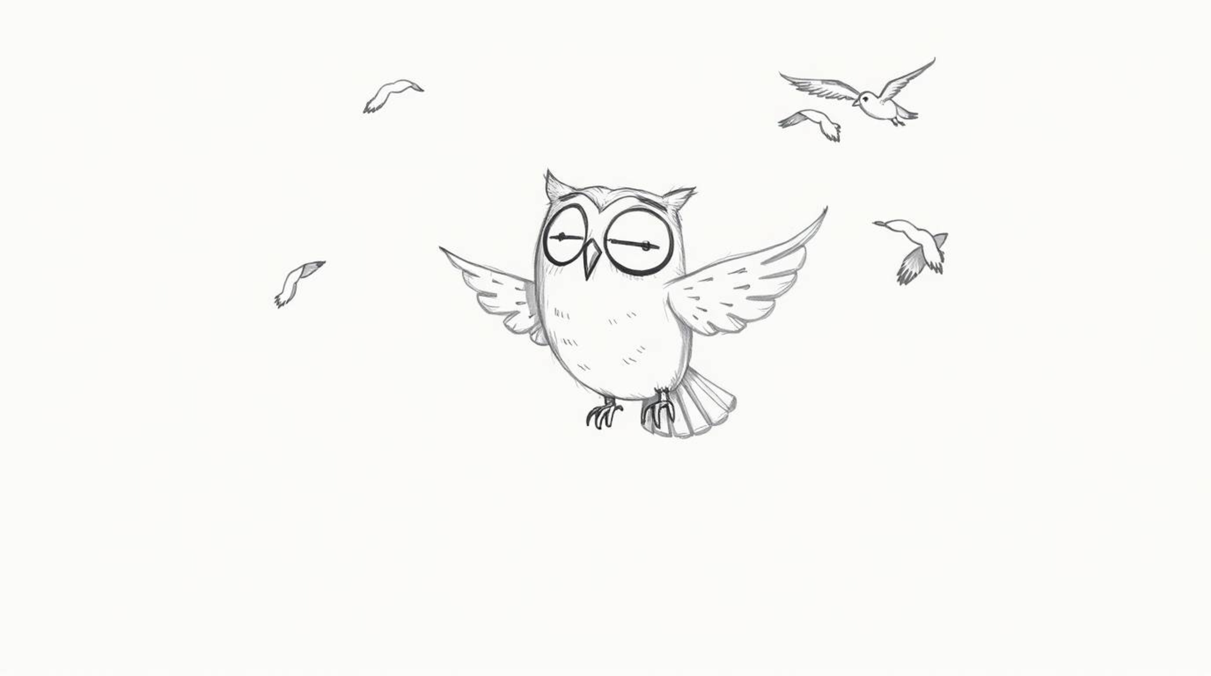 A charming hand-drawn sketch in the style of Pixar depicts a blind owl, with soft features, gently guiding birds in flight.  