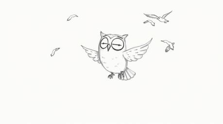 A charming hand-drawn sketch in the style of Pixar depicts a blind owl, with soft features, gently guiding birds in flight.  