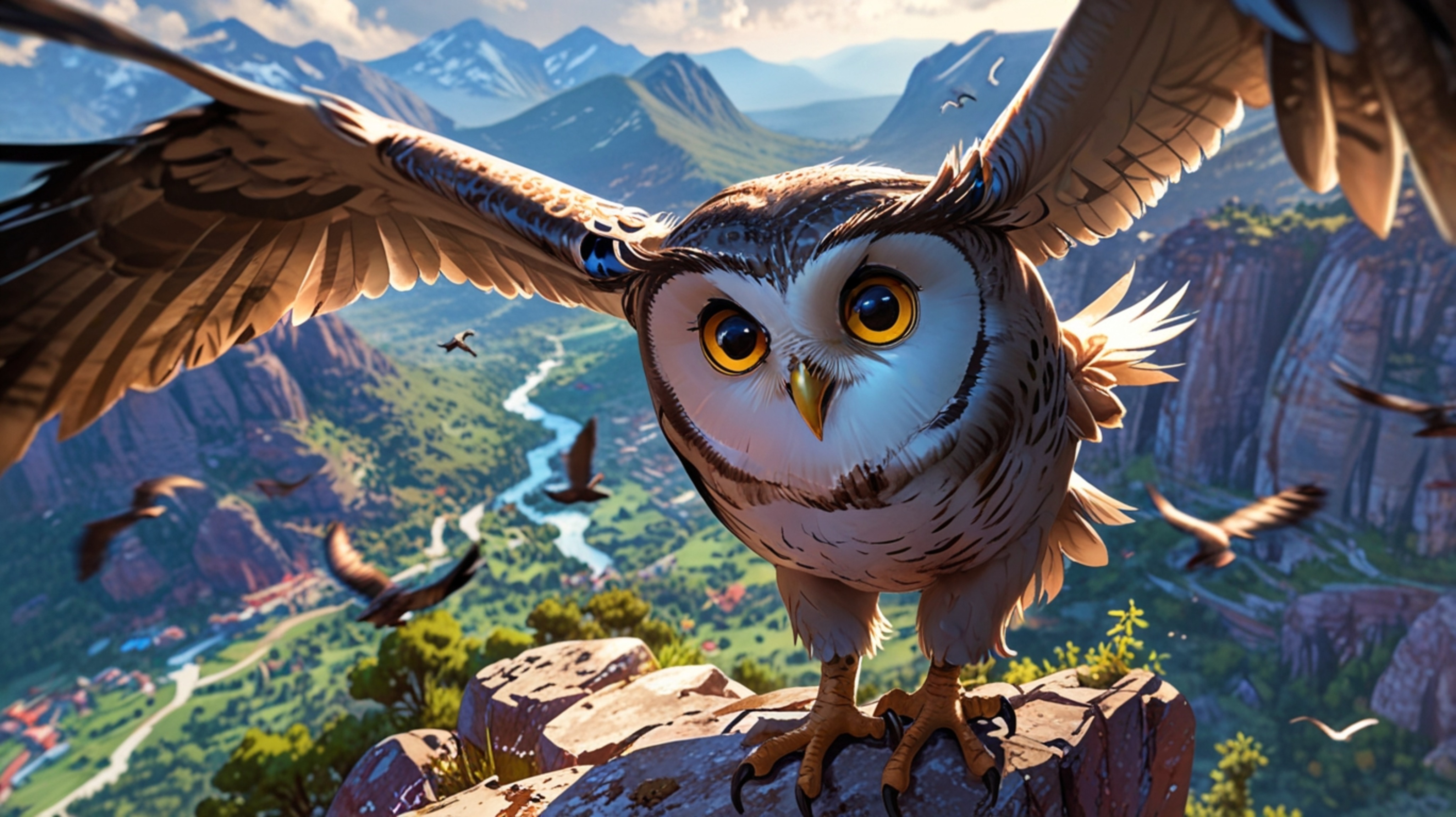 A visually stunning scene, created in a beautiful blend of Pixar and anime styles, portrays a wise blind owl mentoring young 