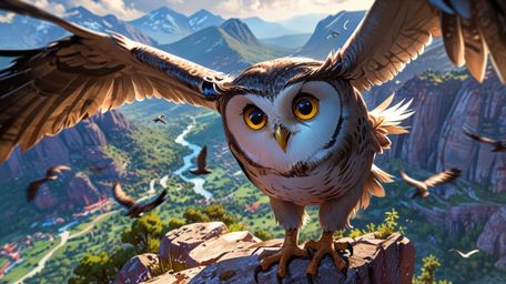 A visually stunning scene, created in a beautiful blend of Pixar and anime styles, portrays a wise blind owl mentoring young 