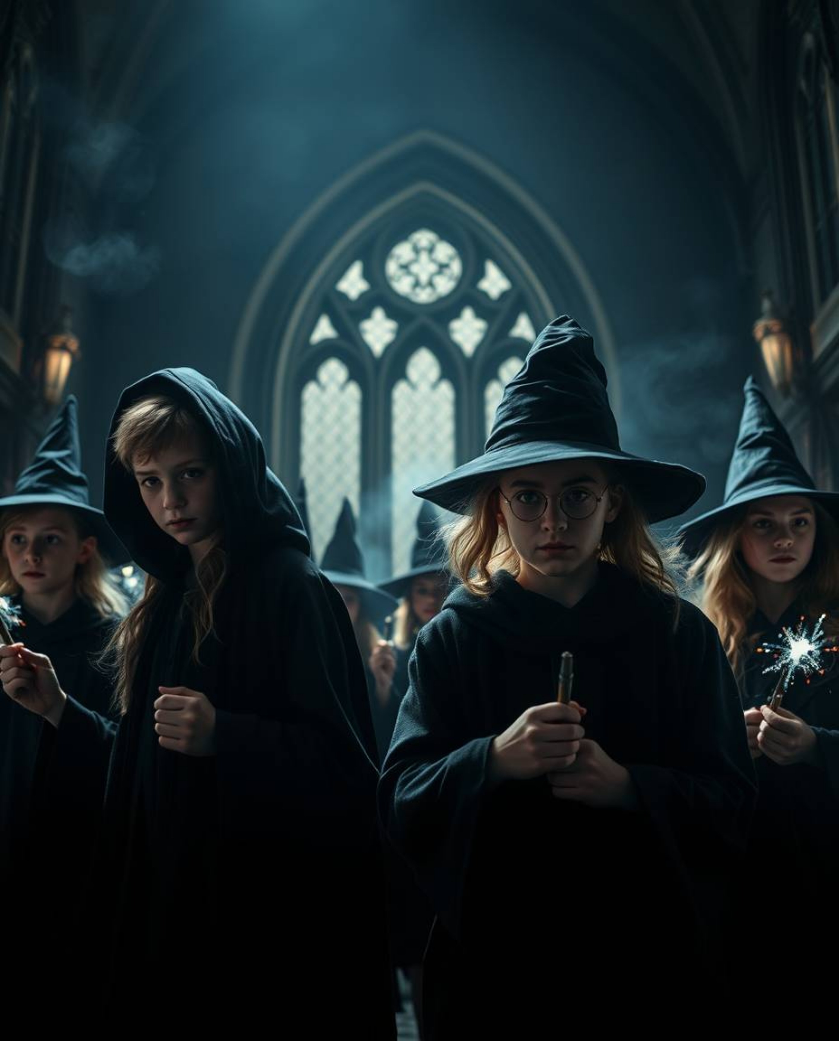Immerse yourself in the captivating world of a cinematic magical school, featuring young wizards and intense jet black aesthe