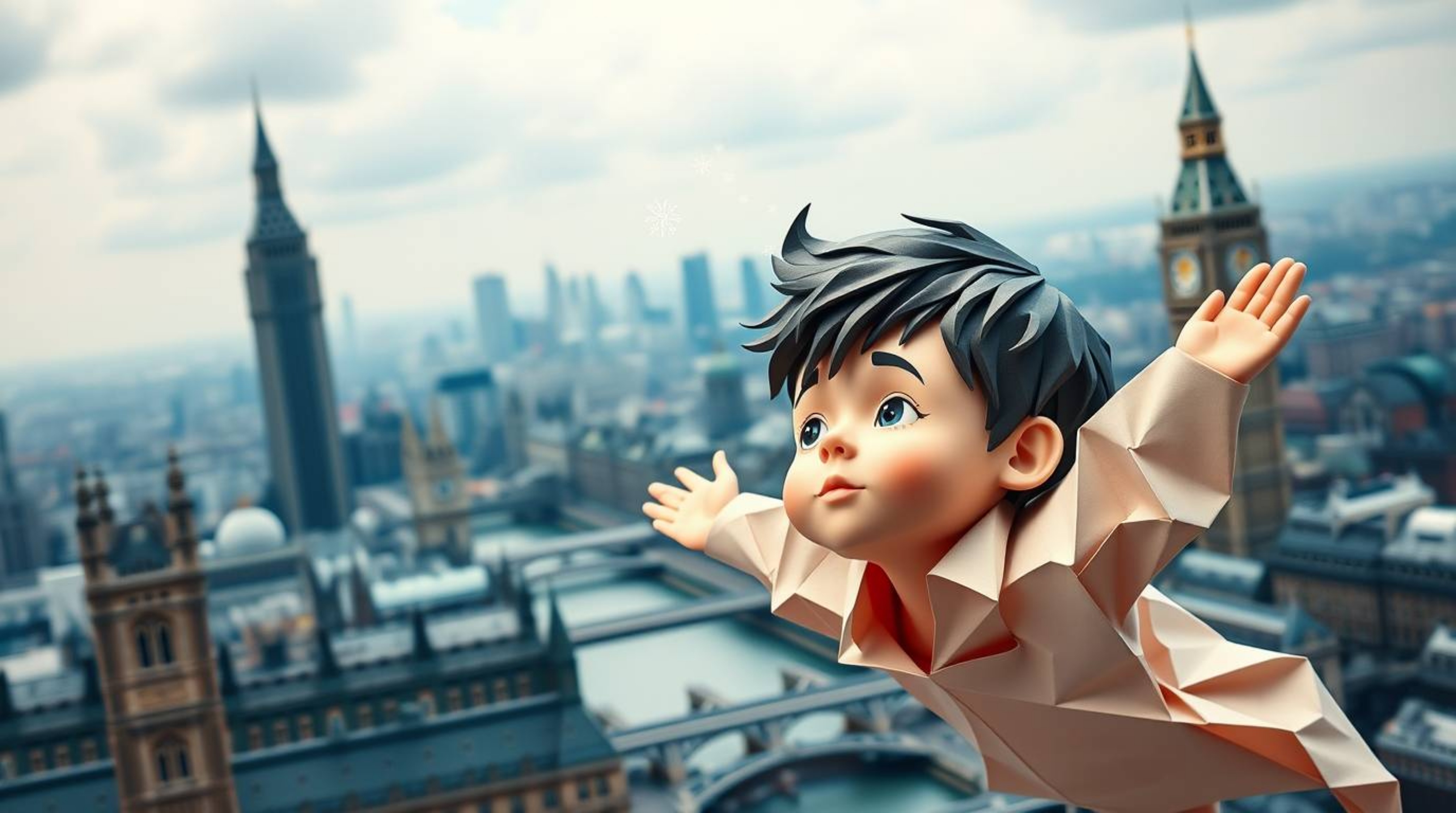 A serene young boy crafted from folded paper soars above a London skyline meticulously rendered in origami style, powered by