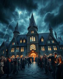 This high-resolution stock photo captures the essence of a magical school teeming with young wizards. The scene is set with i