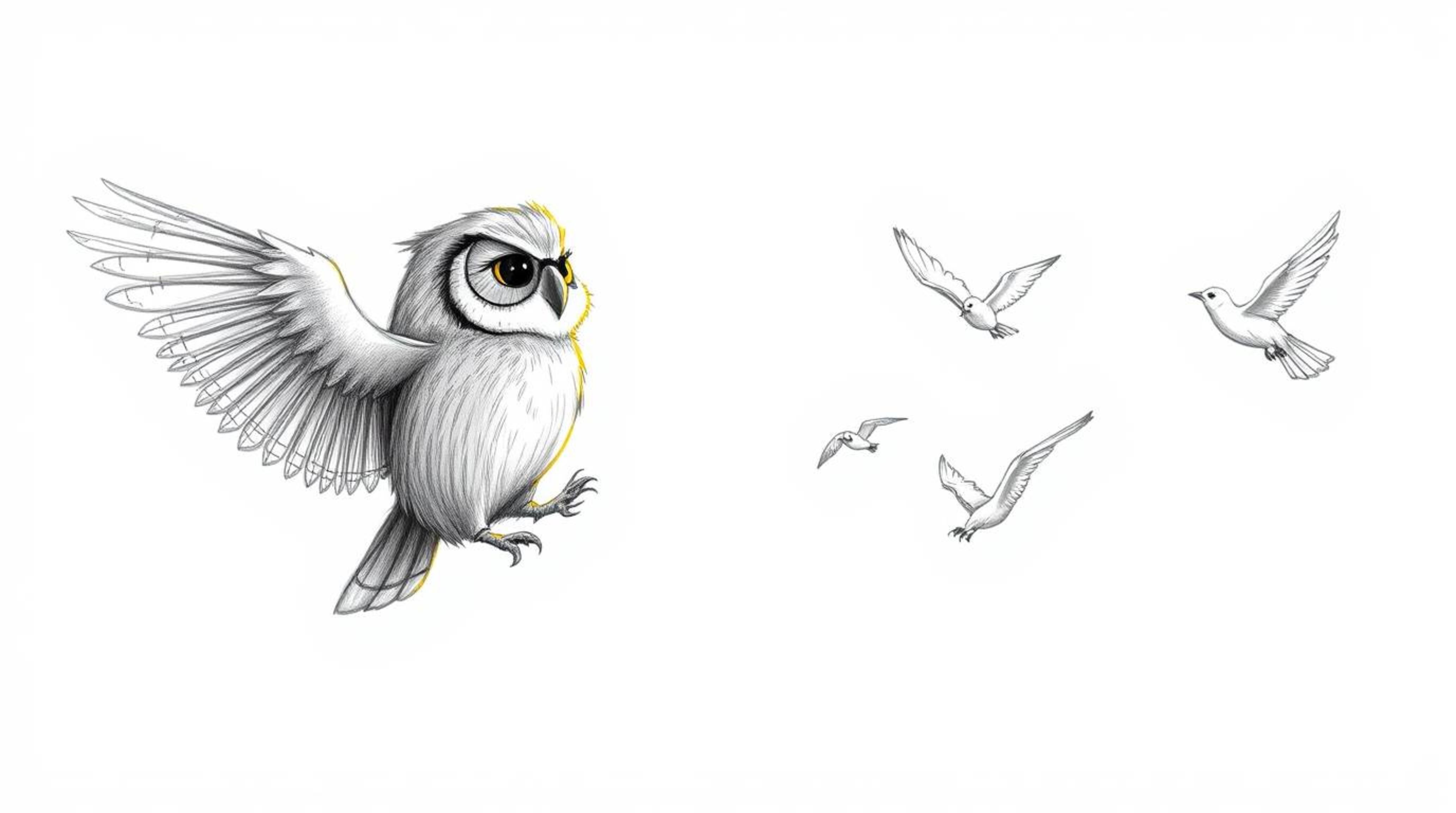 A captivating hand-drawn pencil sketch depicts a blind owl imparting the gift of flight to birds, rendered in a Pixar-inspire