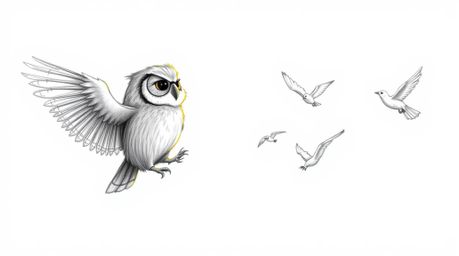 A captivating hand-drawn pencil sketch depicts a blind owl imparting the gift of flight to birds, rendered in a Pixar-inspire