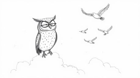 A heartwarming hand-drawn pencil sketch in the style of Pixar showcases a blind owl with a proud demeanor, guiding a flock of