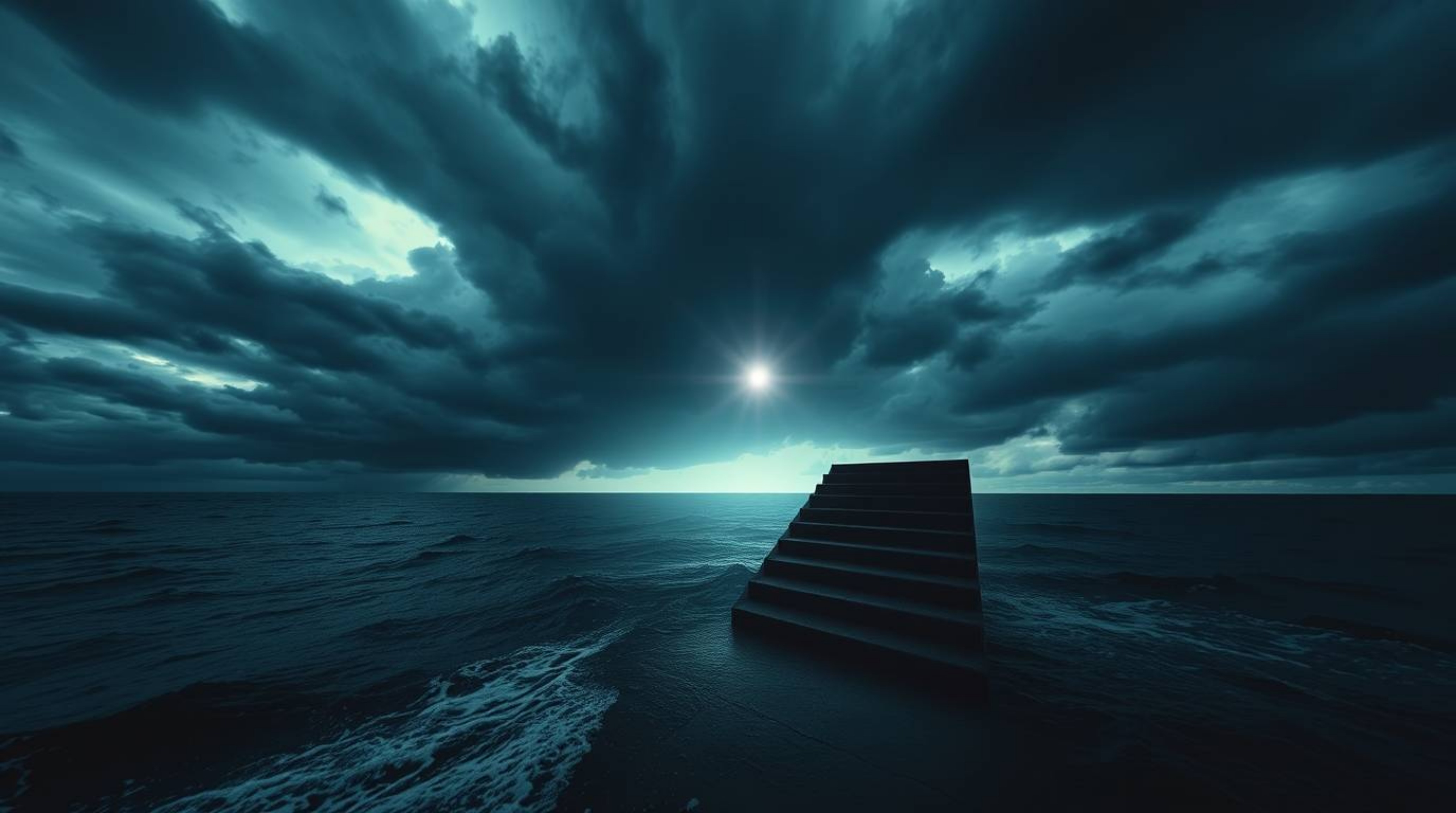 A breathtaking image depicts a dramatic staircase rising from the ocean towards a stormy sky, illuminated by a divine sunburs