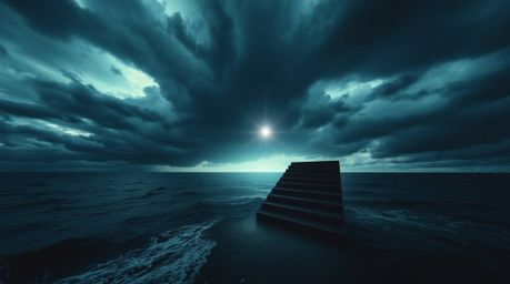 A breathtaking image depicts a dramatic staircase rising from the ocean towards a stormy sky, illuminated by a divine sunburs