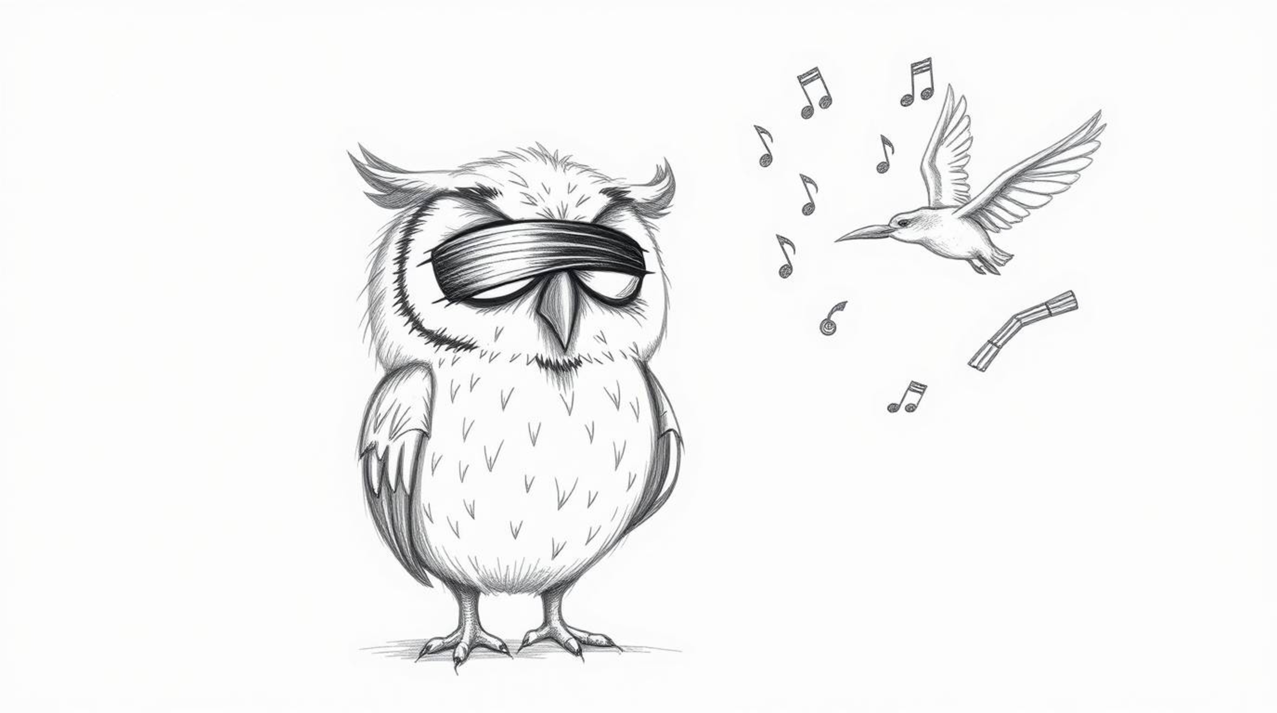A heartwarming Pixar-style hand-drawn sketch depicts a blind owl with incredibly expressive eyes and slightly ruffled feather