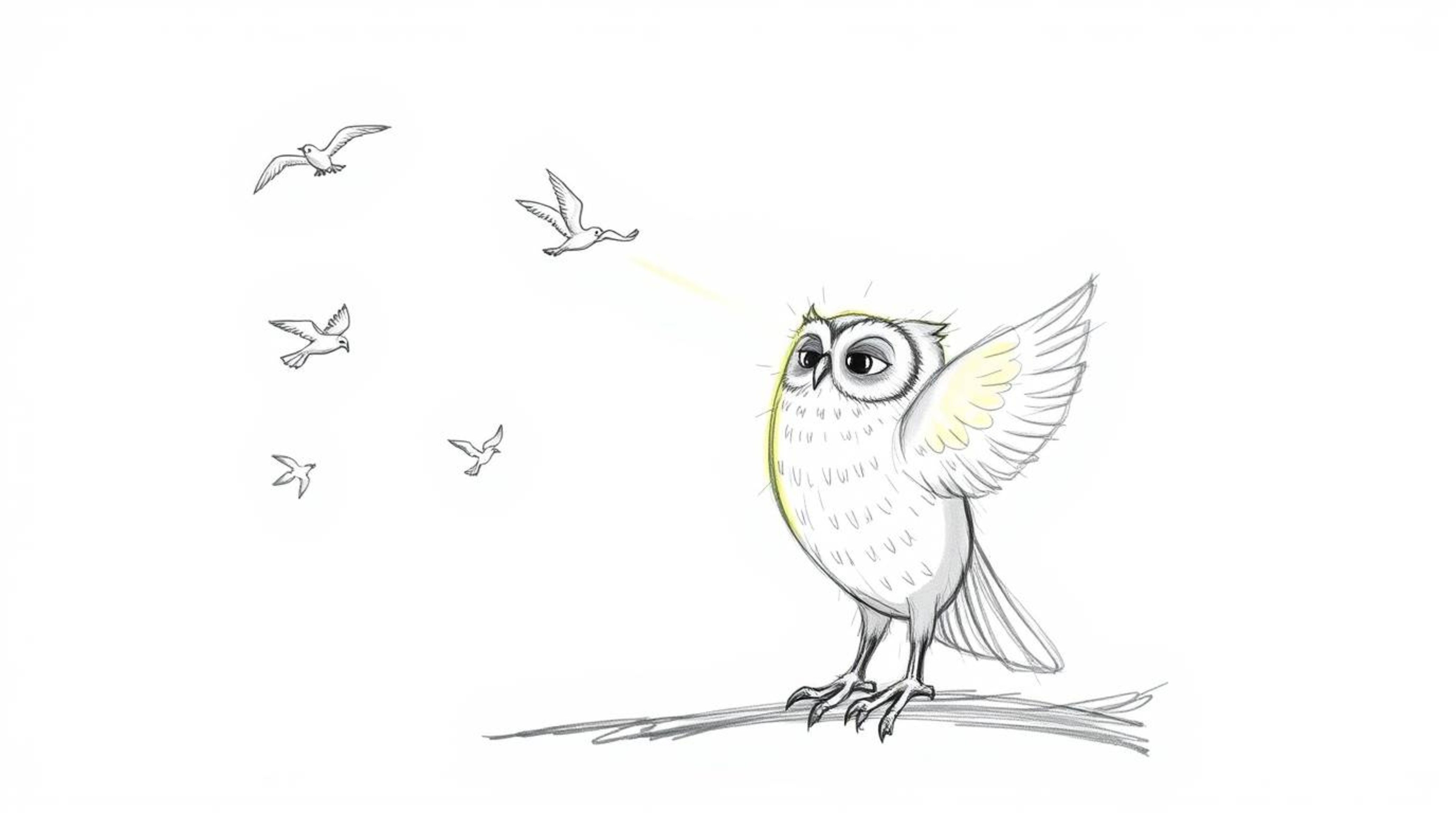 A heartwarming hand-drawn sketch in the style of Pixar depicts a wise, blind owl with luminous feathers, bathed in a single s