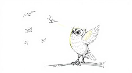 A heartwarming hand-drawn sketch in the style of Pixar depicts a wise, blind owl with luminous feathers, bathed in a single s