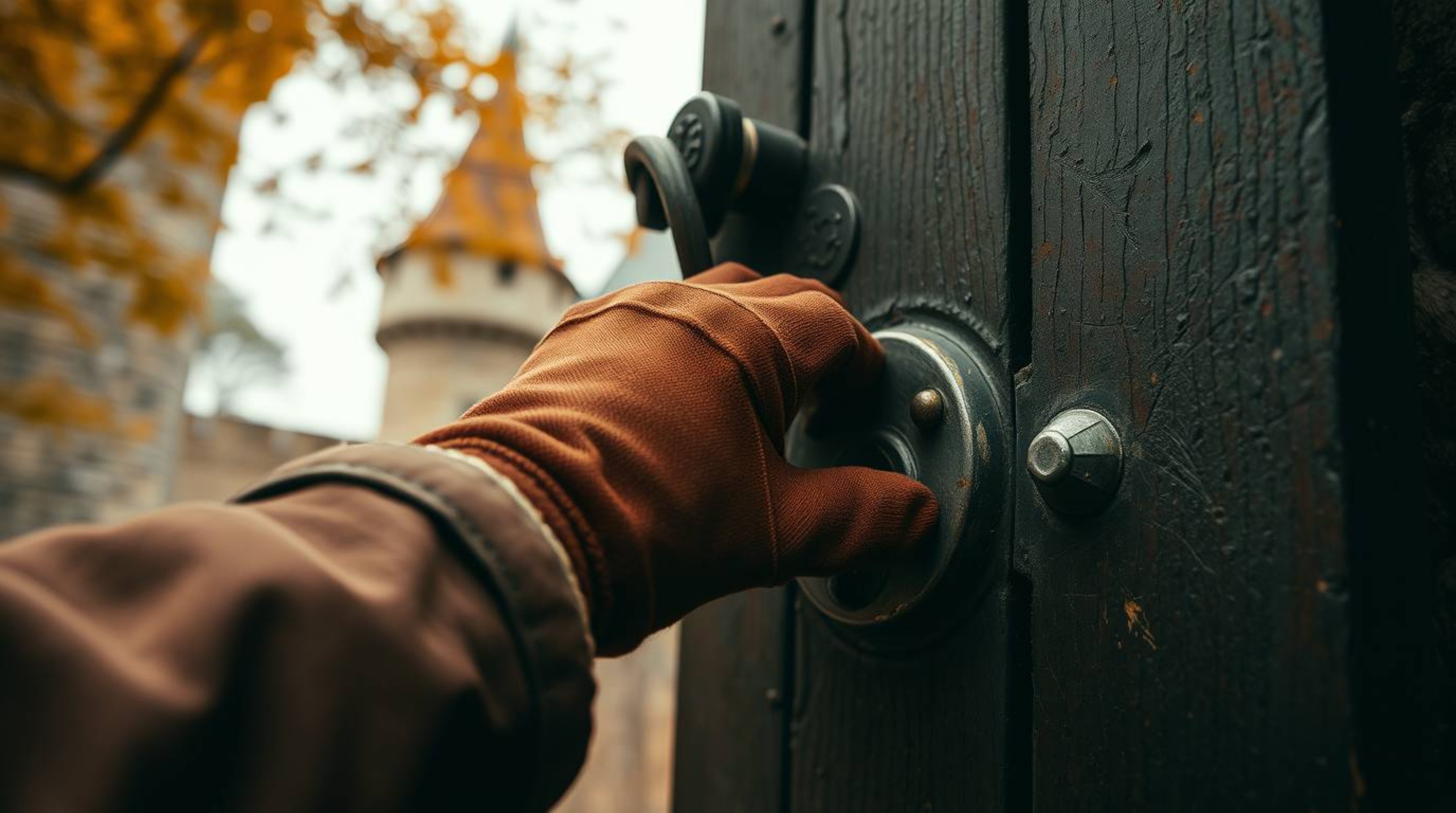 An extreme macro close-up captures a thief's gloved hand meticulously manipulating a lock on a heavily guarded castle gate.  