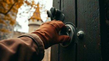 An extreme macro close-up captures a thief's gloved hand meticulously manipulating a lock on a heavily guarded castle gate.  
